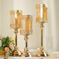 Antique gold lace design votive candle stands, set of 3, with hurricane glass.