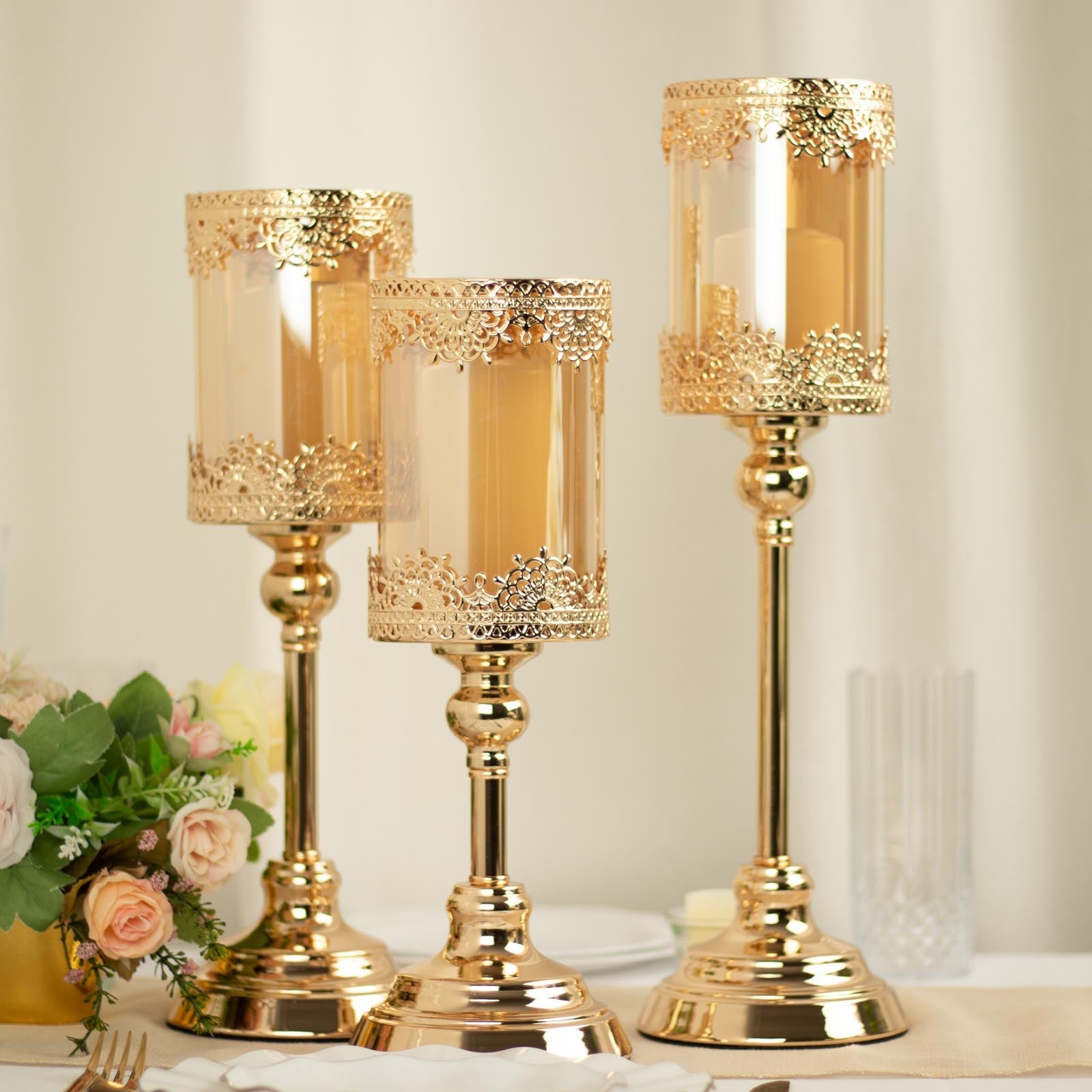 Antique gold lace design votive candle stands, set of 3, with hurricane glass.