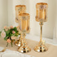 Antique gold lace design votive candle stands set of 3 with hurricane glass.