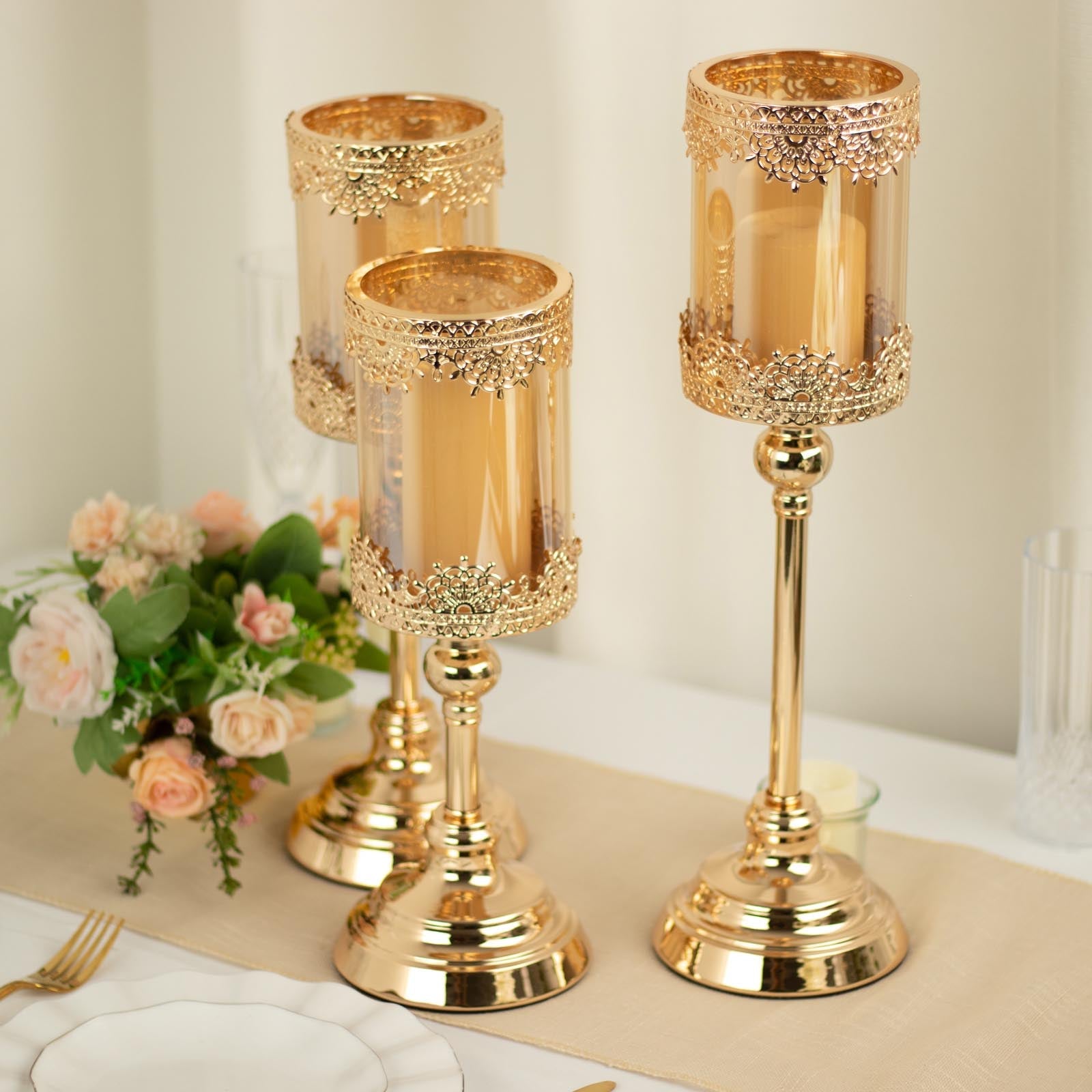 Antique gold lace design votive candle stands set of 3 with hurricane glass.