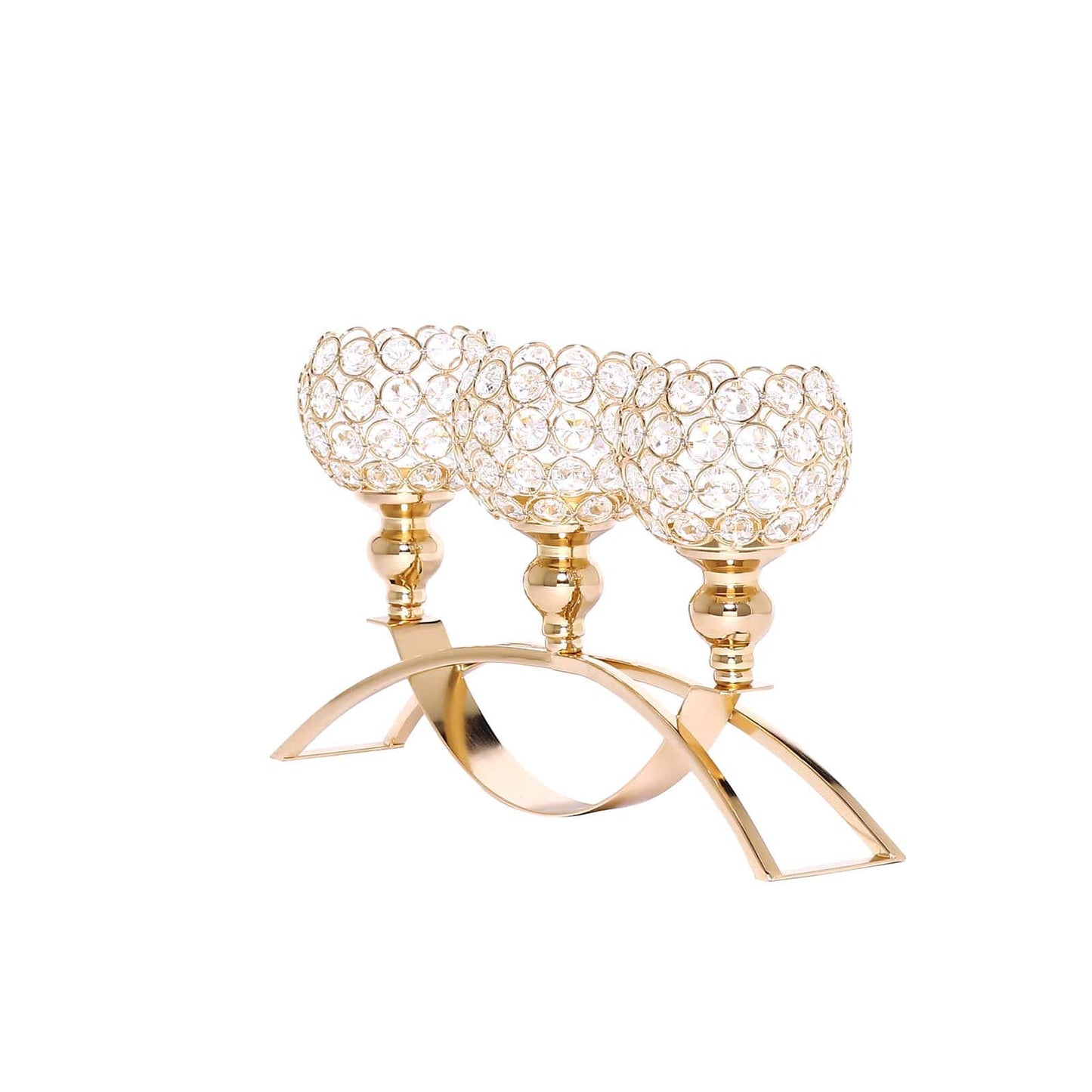 Crystal Beaded 3 Arm Arch Bridge 16 Inch Gold Votive Goblet Candle Holder Candelabra