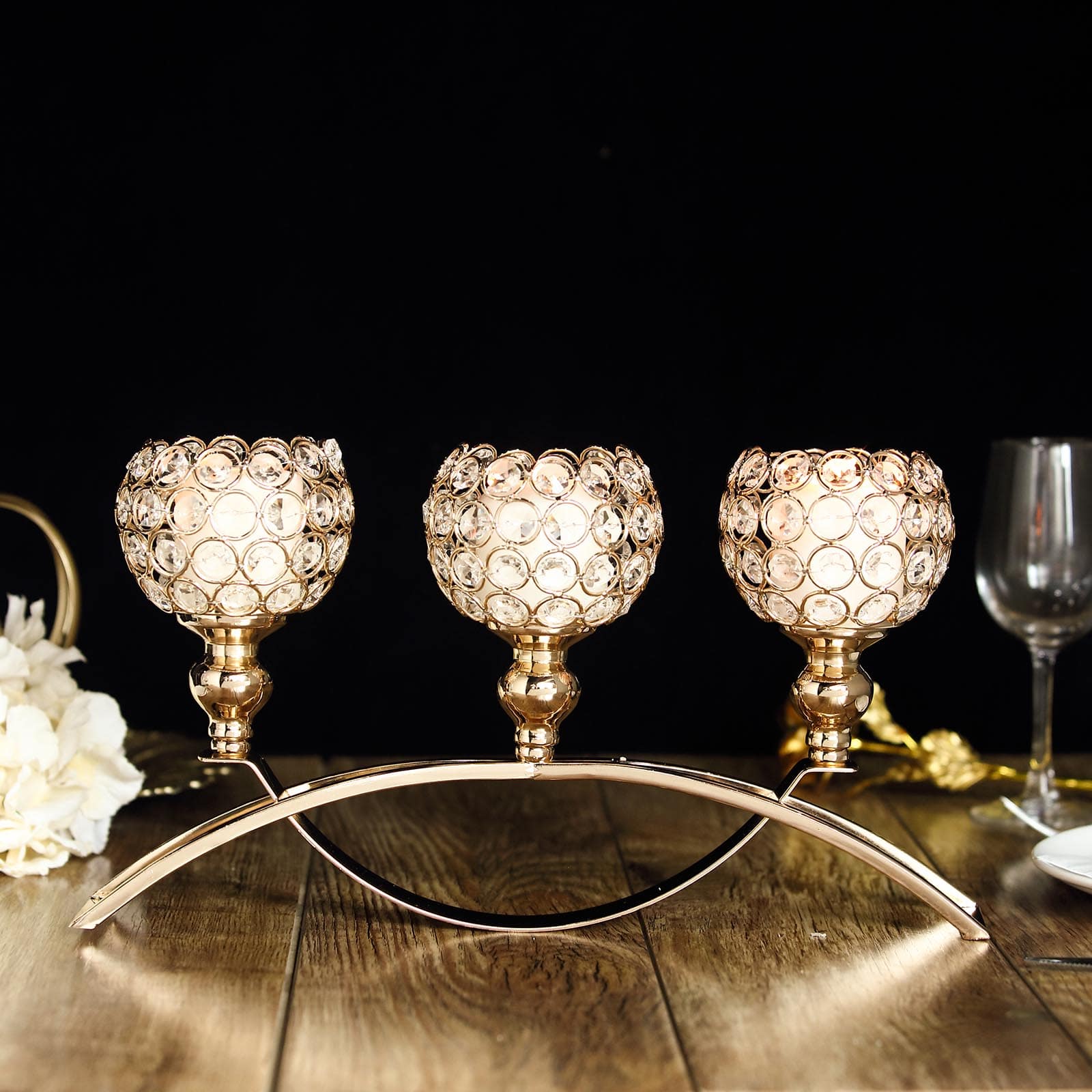 Gold Arch 16 Inch Bridge Crystal Beaded 3 Arm Votive Goblet Candle Holder Candelabra
