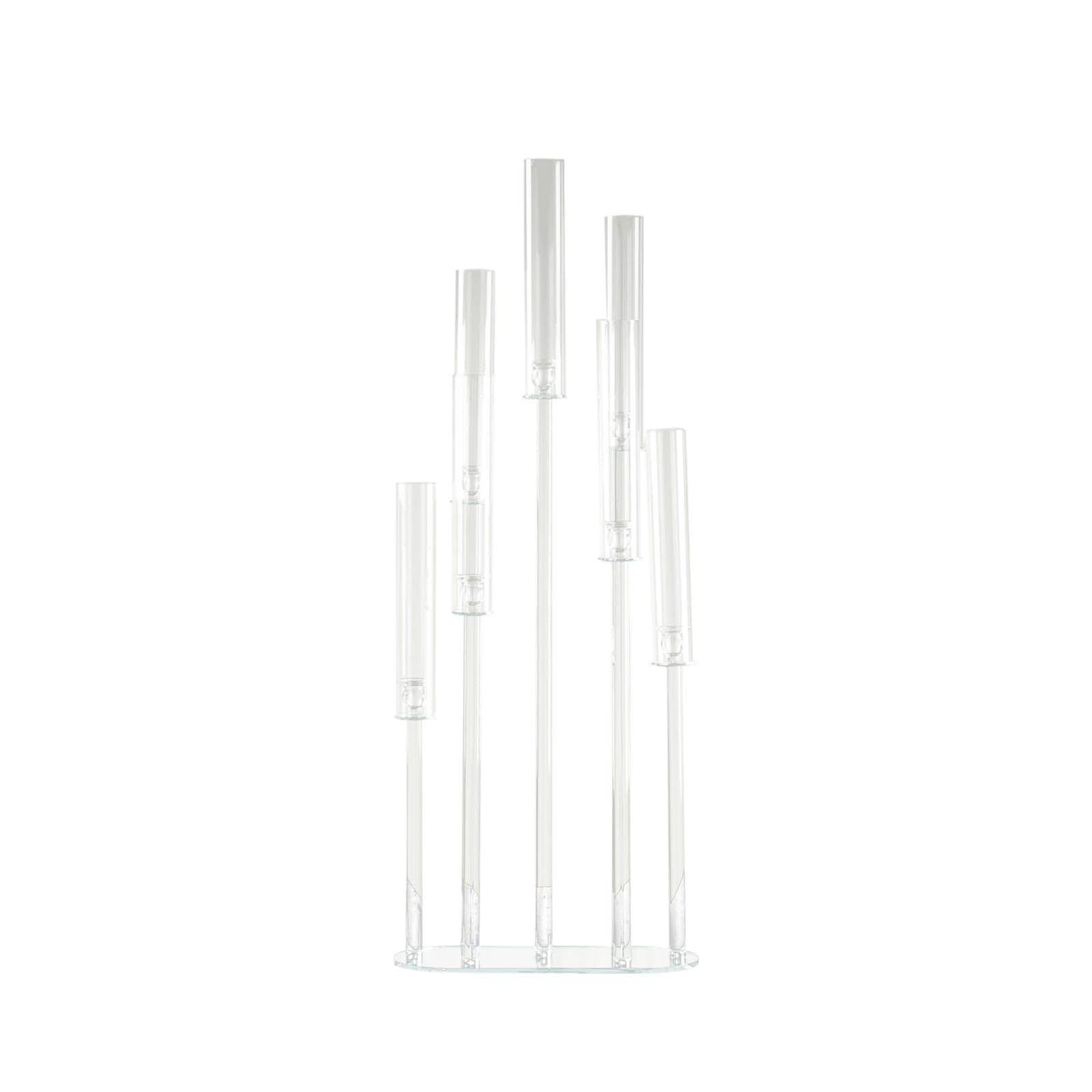 Clear crystal 7-arm candlestick stand with hurricane shades.