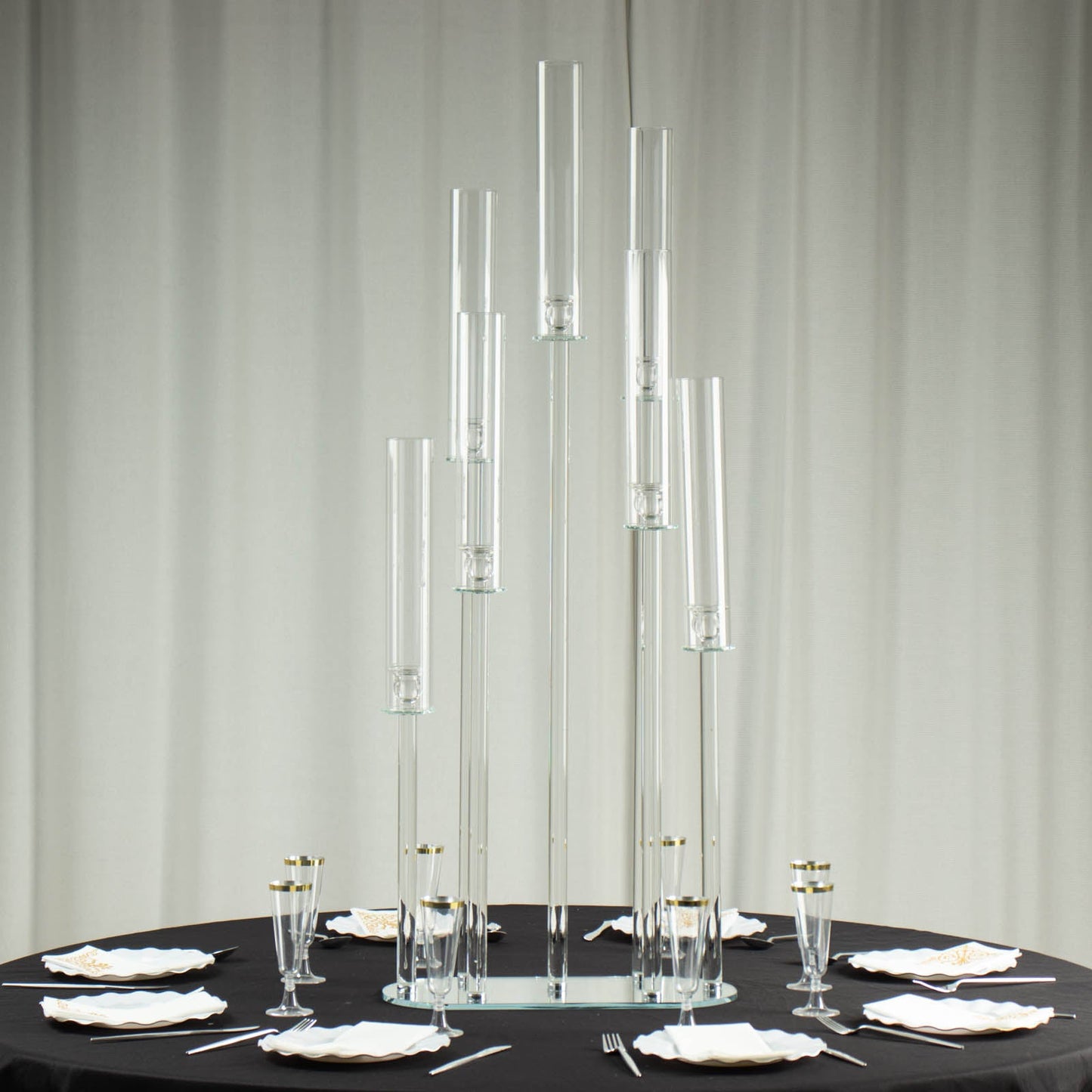 Clear crystal 7-arm candelabra centerpiece with hurricane shades.