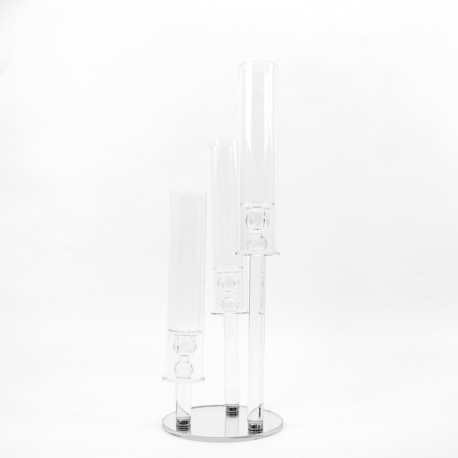 Clear 3-arm crystal glass taper candle candelabra centerpiece.