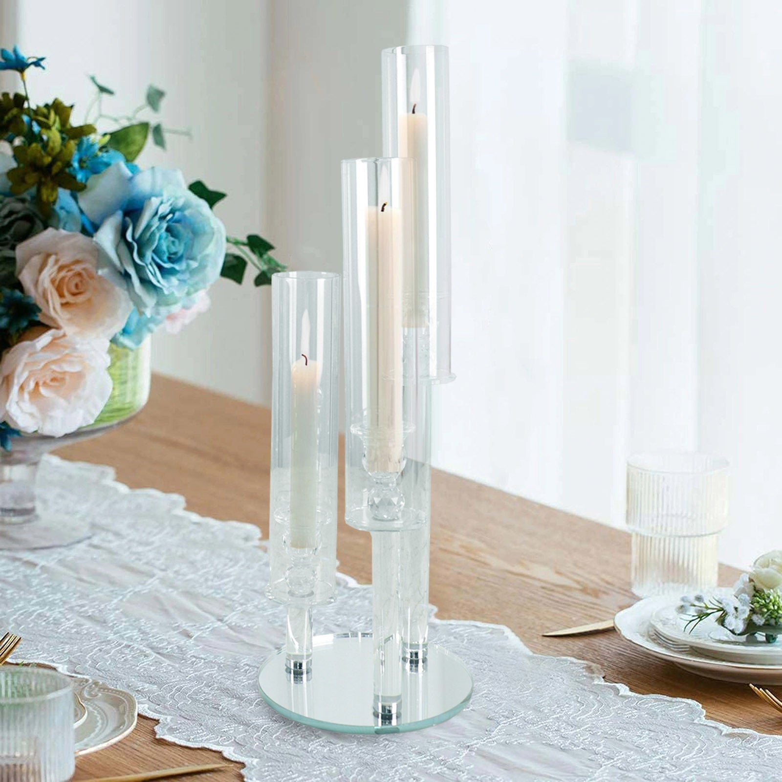 Clear 3-arm crystal candle candelabra centerpiece for weddings.