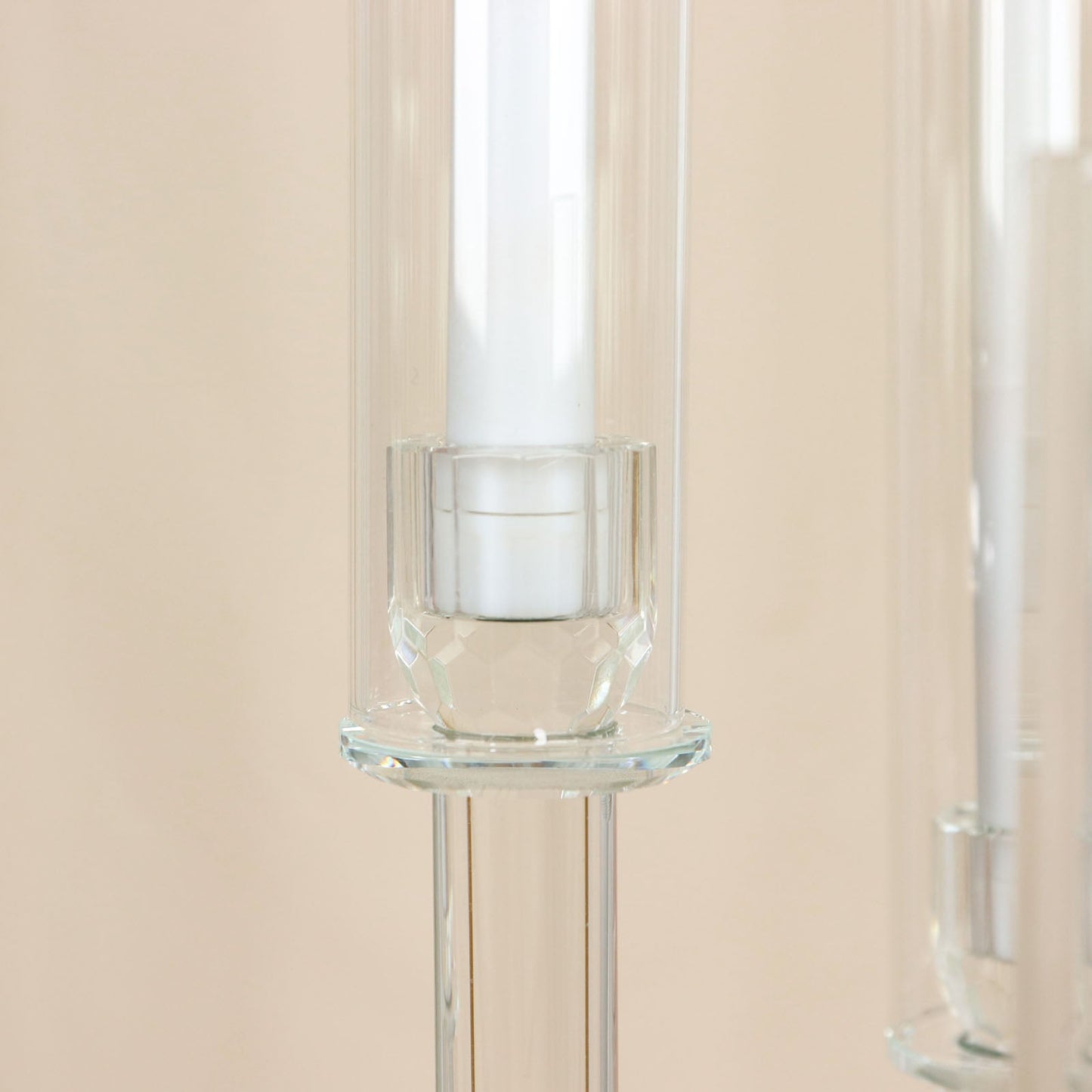 Clear crystal 5-arm candelabra candle holder with round mirror base.