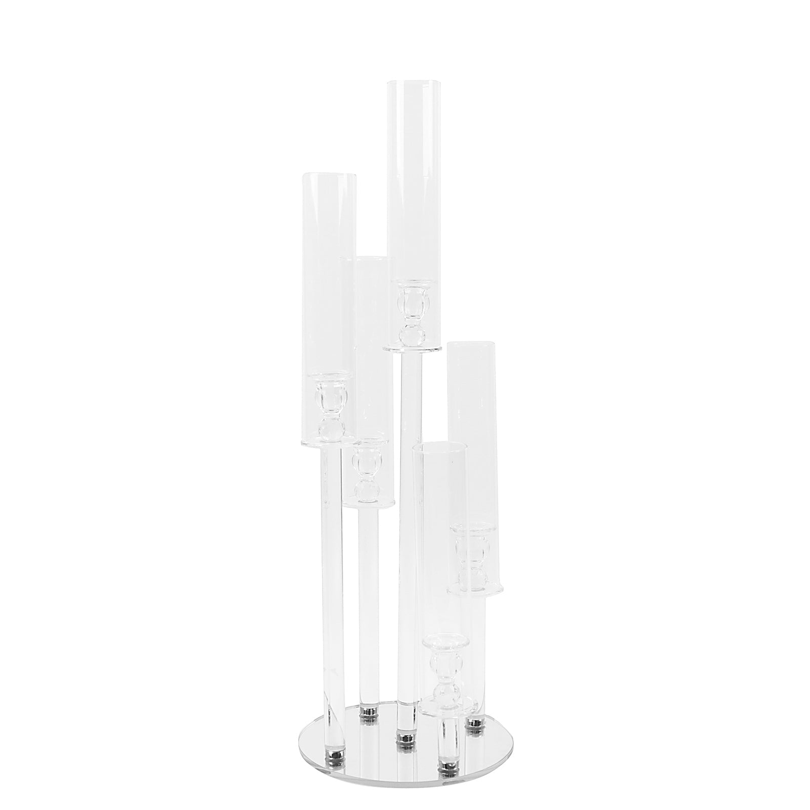 Clear crystal 5-arm candelabra candle holder for weddings and centerpieces.