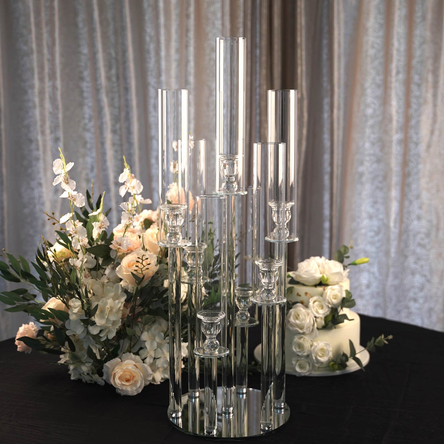 Clear 7 Arm Crystal Cluster Round Candelabra with Mirror Base and Flowers