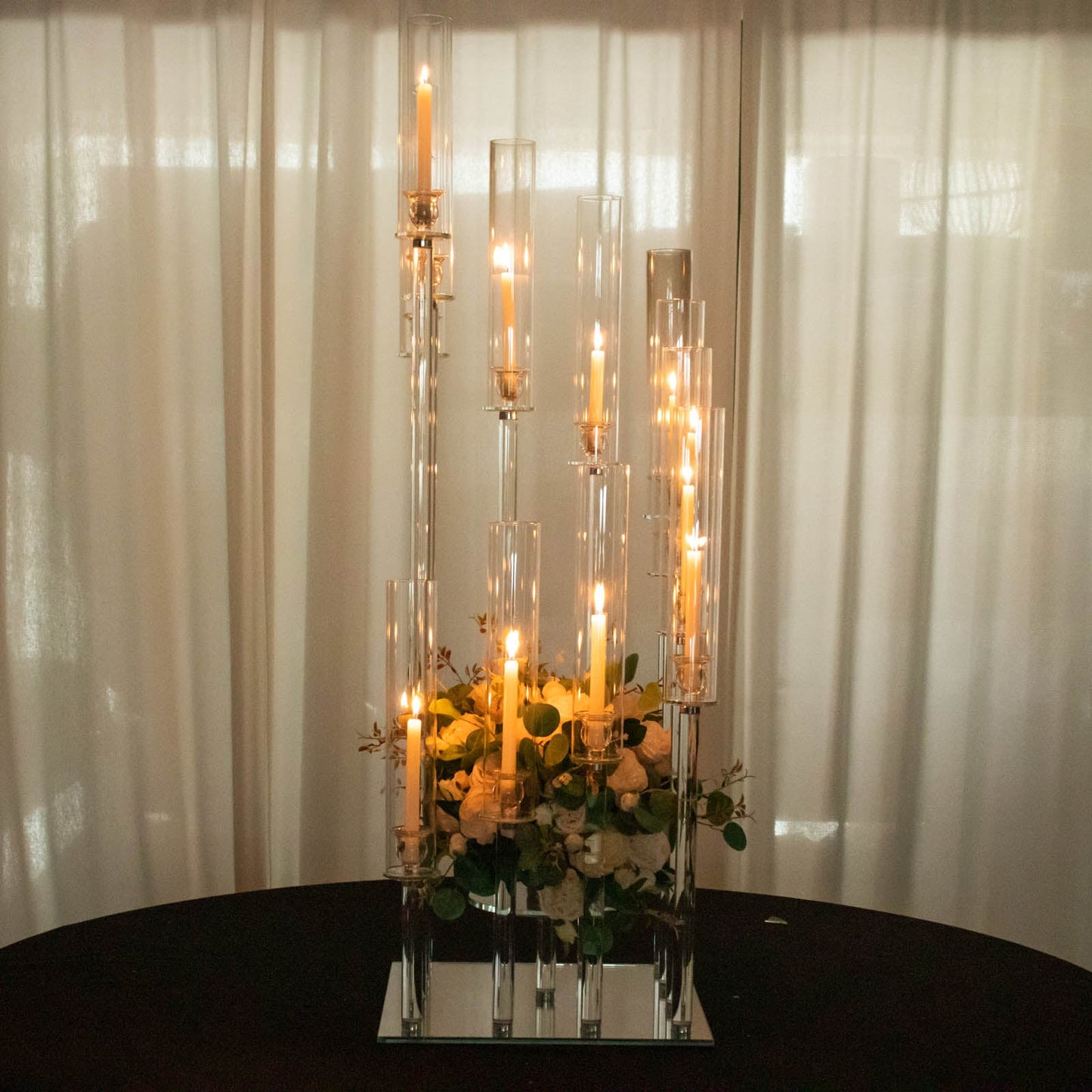 4.5ft Crystal 12-Arm Cluster Glass Candelabra Floral Pedestal Stand, Square Hurricane Taper