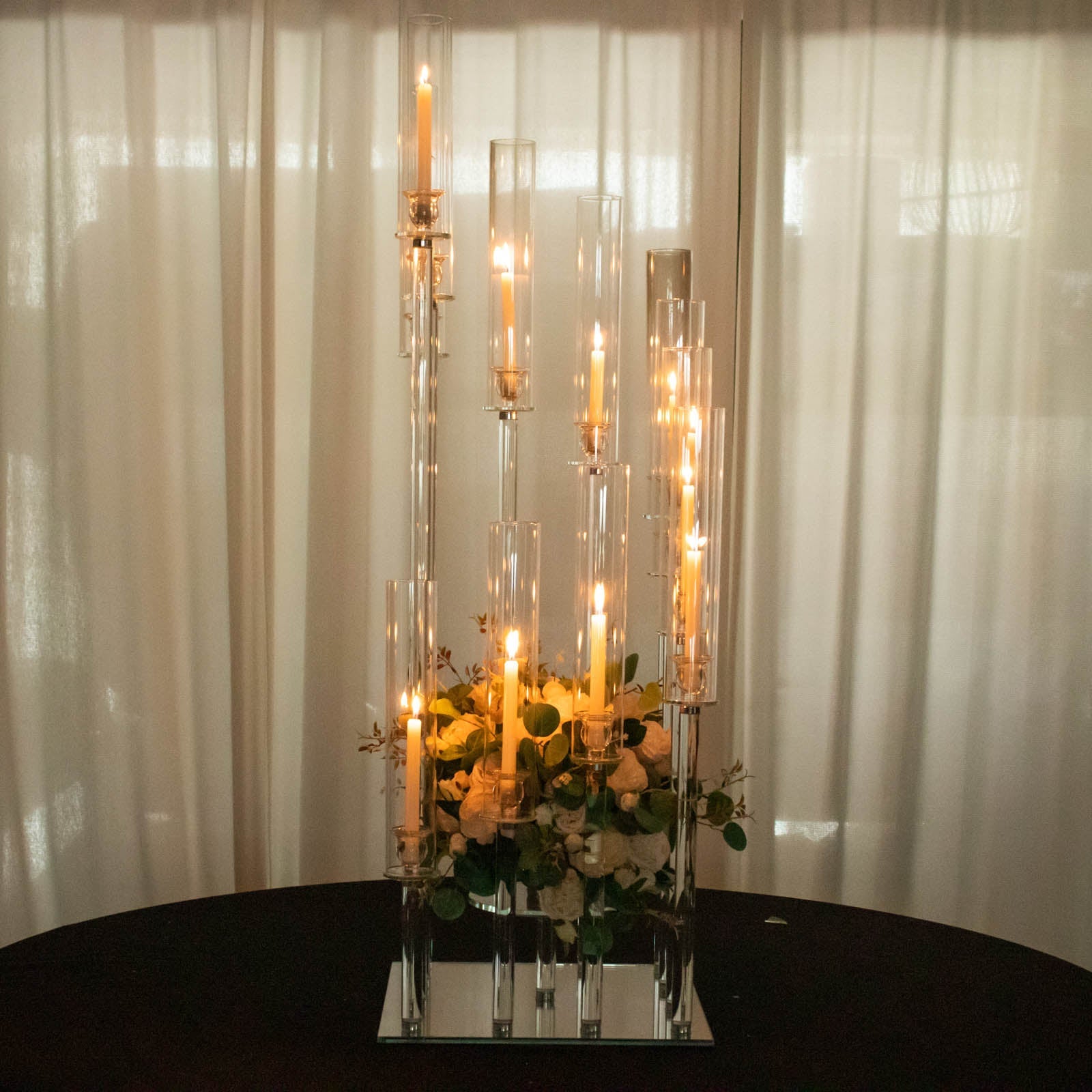 4.5ft Crystal 12-Arm Cluster Glass Candelabra Floral Pedestal Stand, Square Hurricane Taper