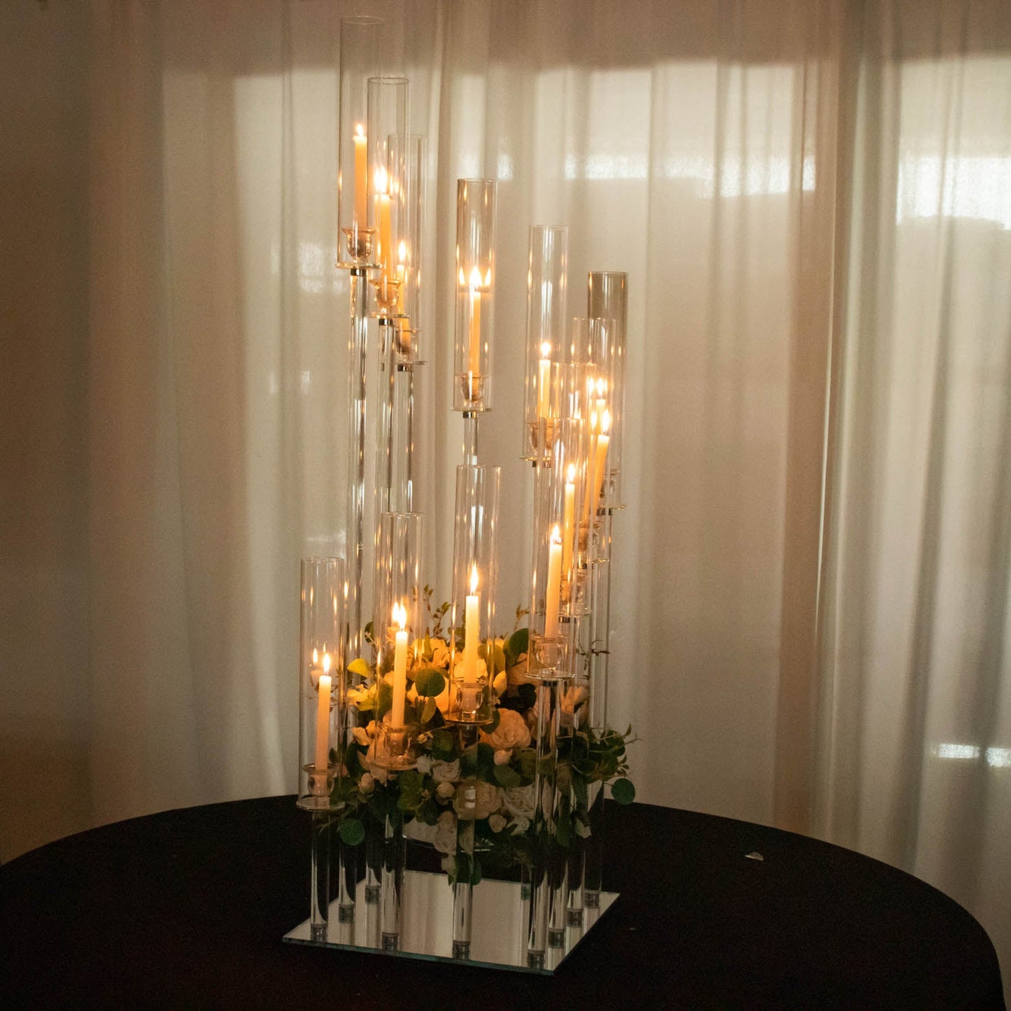 4.5ft Crystal 12-Arm Cluster Glass Candelabra Floral Pedestal Stand, Square Hurricane Taper Candle Holder Stand