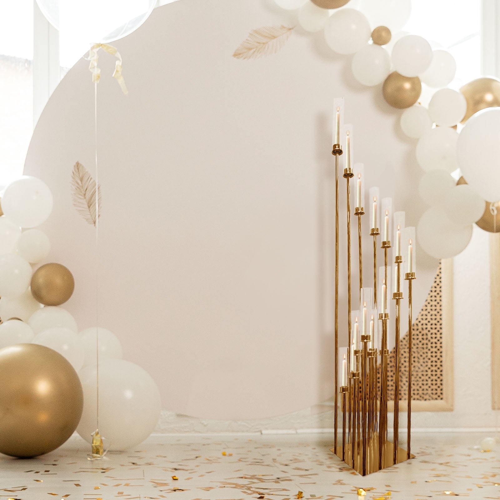 58 Inch Gold Taper Candle Holder 16 Arms with Clear Glass Shades