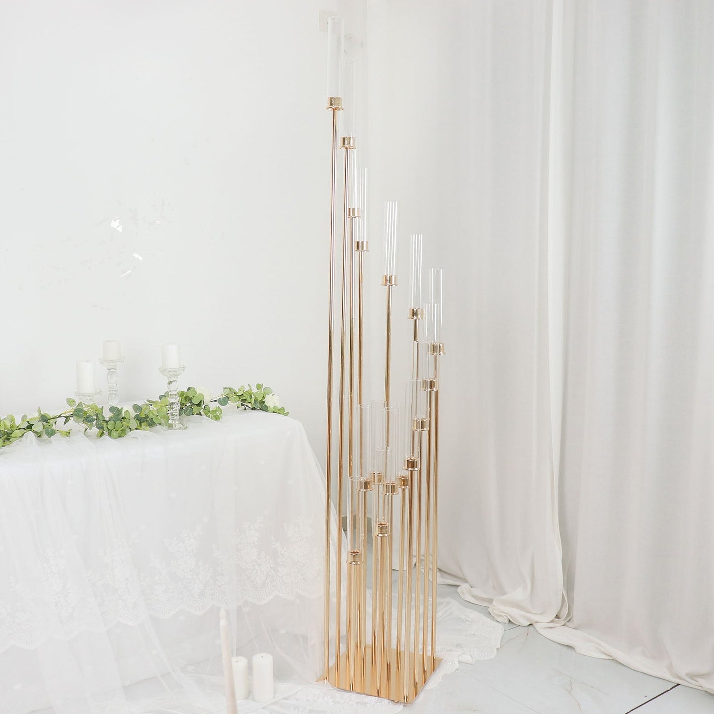 78" Gold 16 Arm Cluster Taper Candle Holder With Clear Glass Shades, Large Candle Arrangement