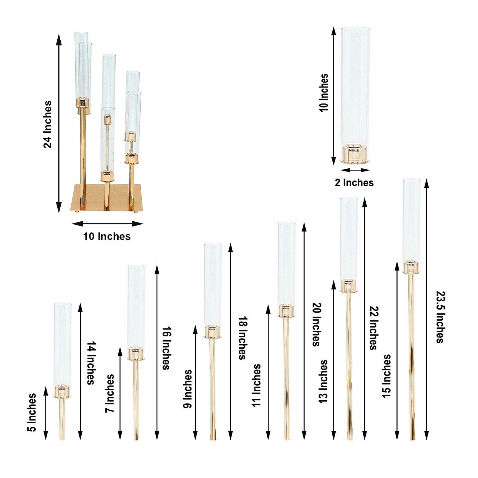 24 Inch Gold Cluster Clear Glass Shades 6 Arm Taper Candle Holder 