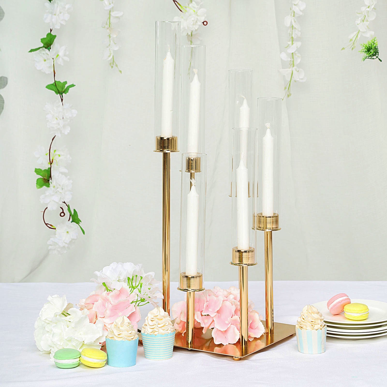 Gold 6 Arm Cluster Taper Candle Holder with Clear Glass Shades 24 Inch