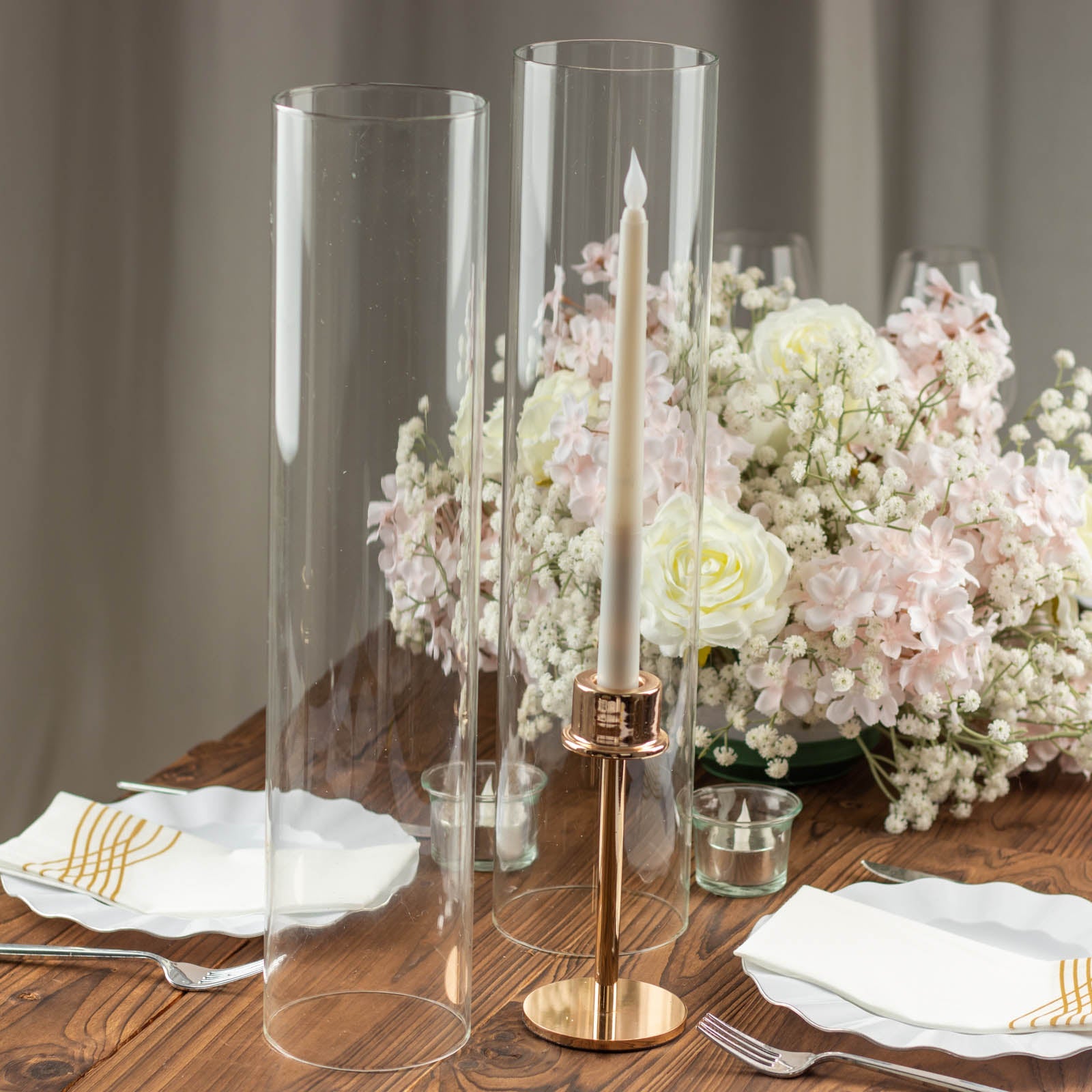 Clear 18" glass candelabra candle holders with open-end hurricane shades.