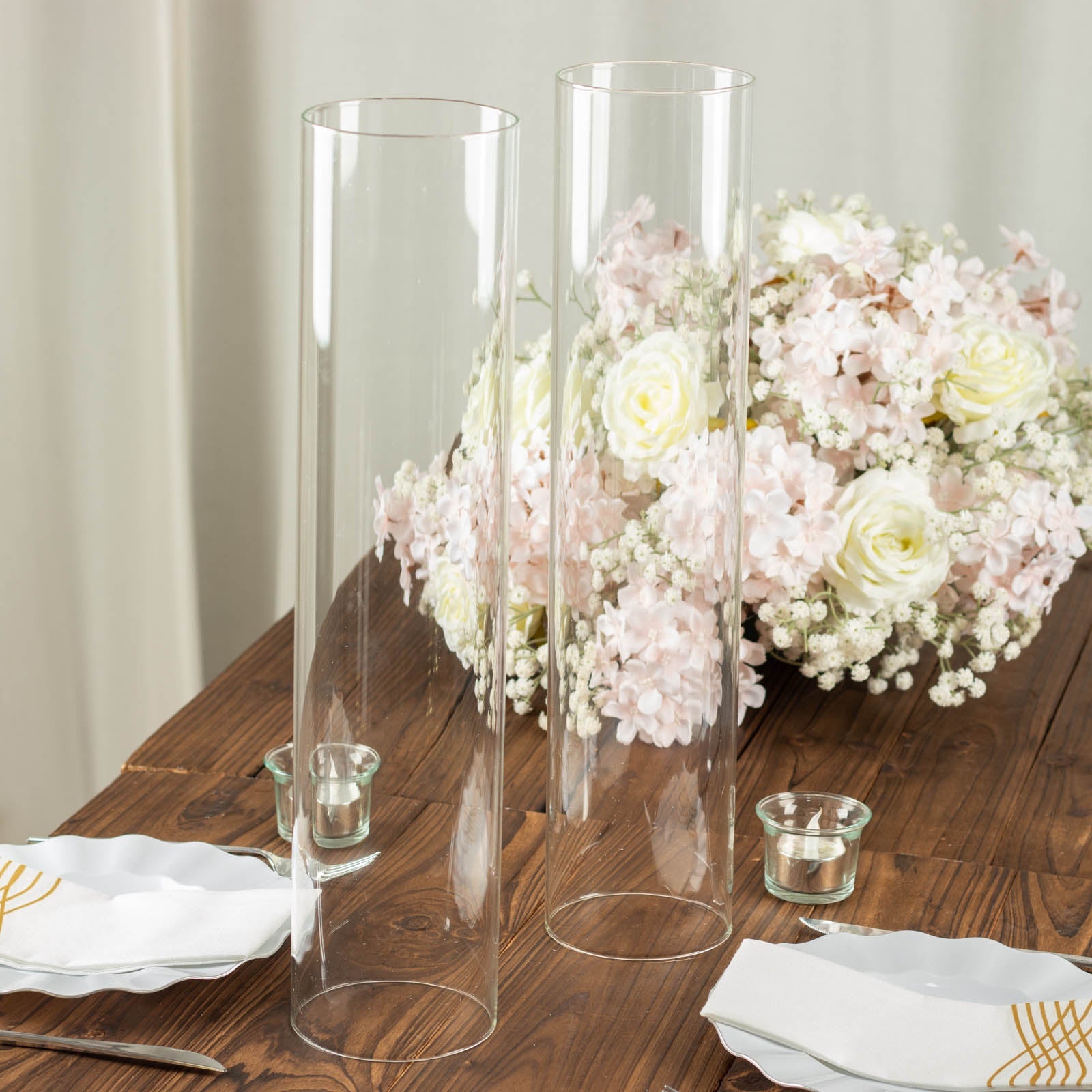 Clear 18" glass candelabra candle holders, perfect for pillar candles.