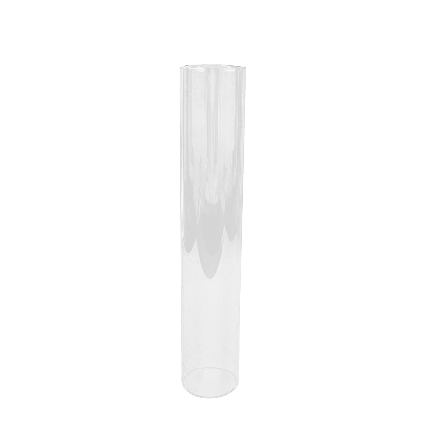 Clear glass candle holder for pillar candles, 10 inches tall.