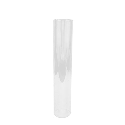 Clear glass candle holder for pillar candles, 10 inches tall.