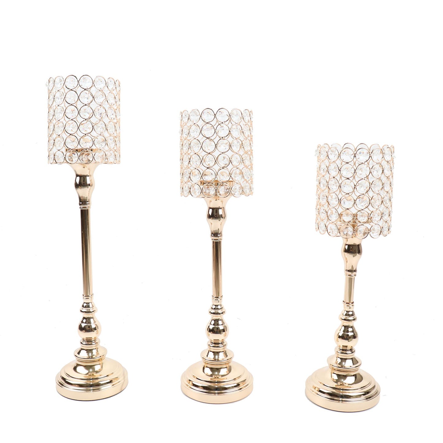 Set of 3 Gold Crystal Beaded Goblet Candle Stands 18 Inch 16 Inch 14 Inch