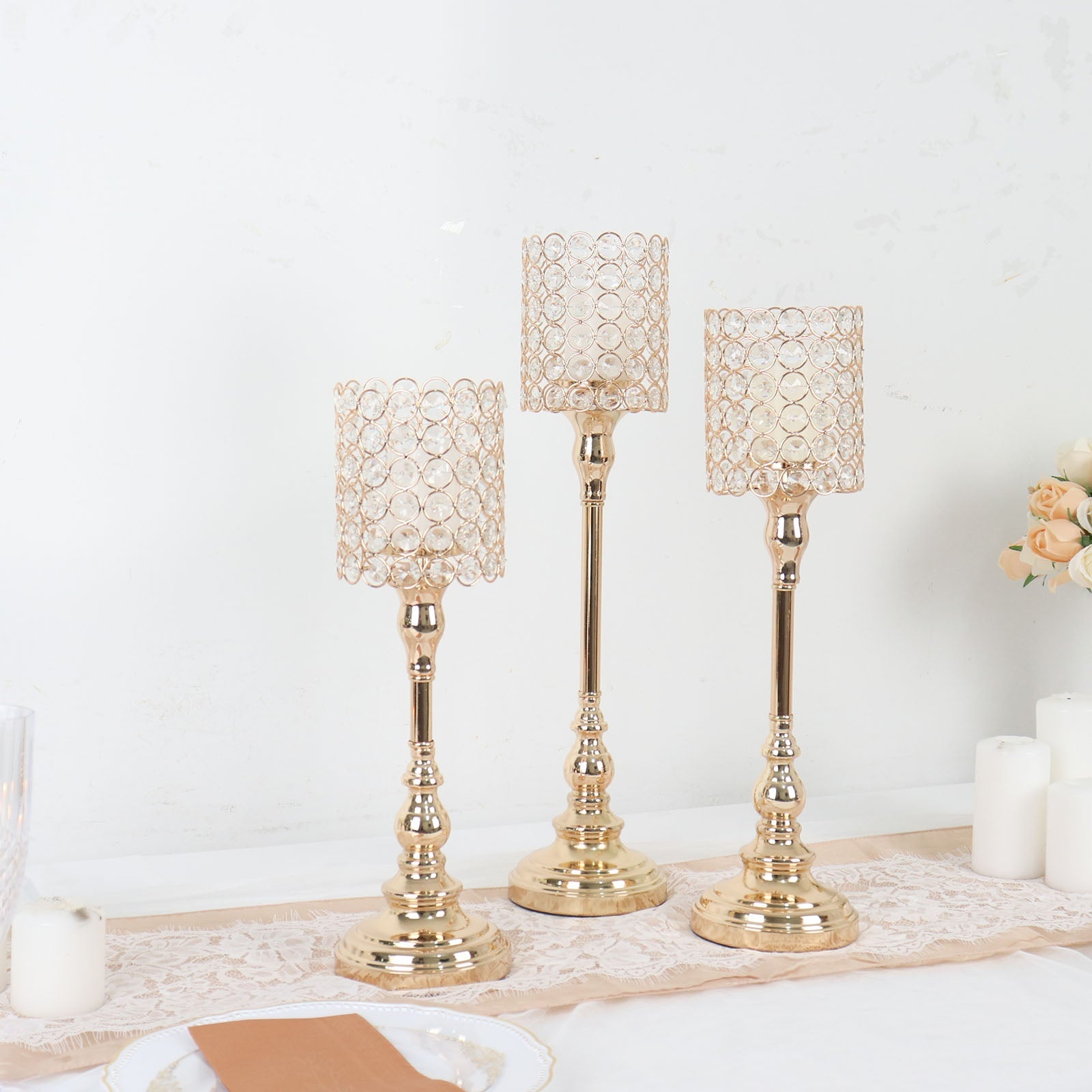 3 Set of Tea Light Gold Crystal Beaded Goblet Centerpieces 18 Inch 16 Inch 14 Inch