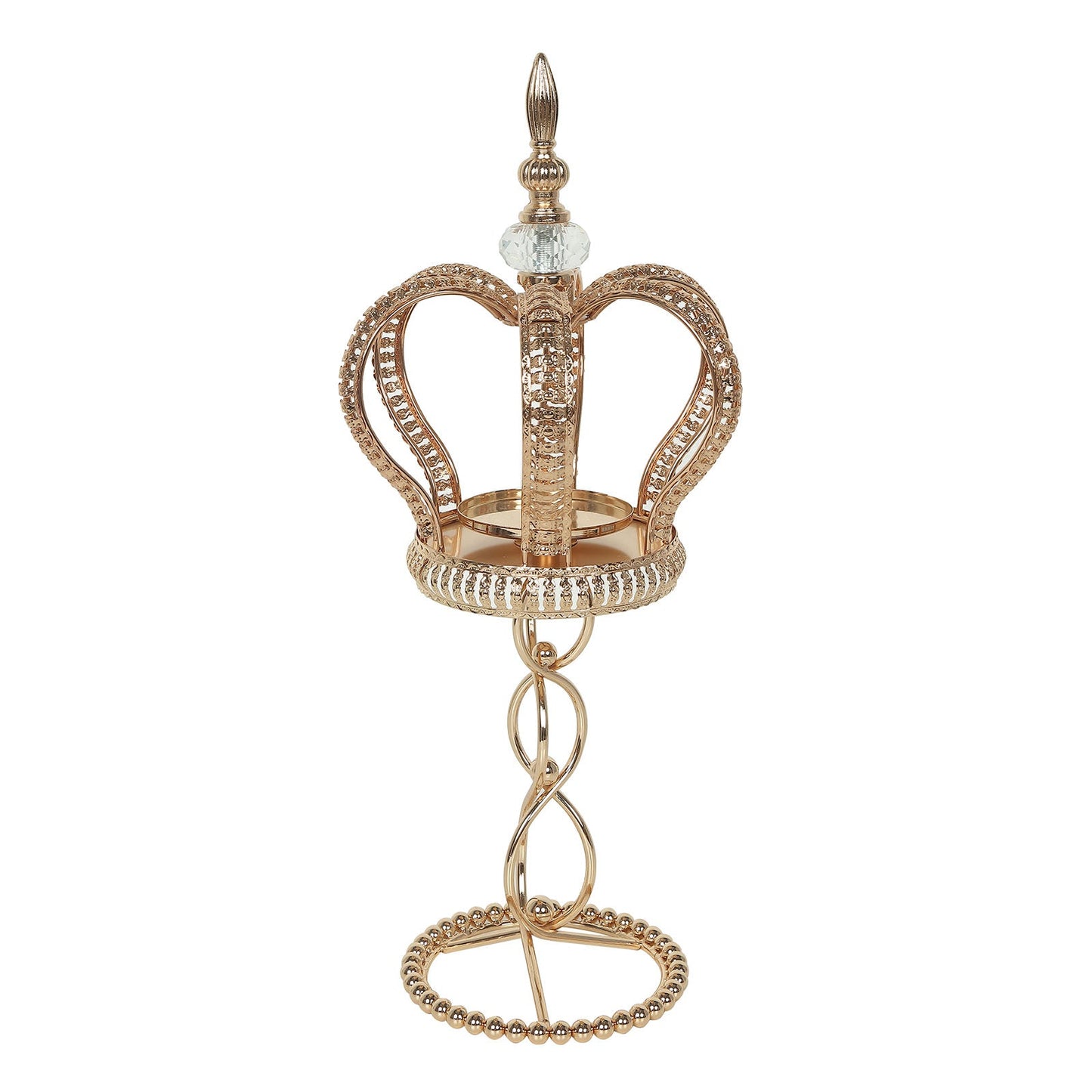 Gold crown pillar candle holder with jeweled accents.
