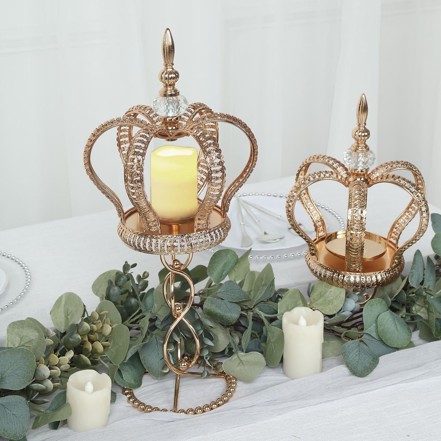 Gold metal crown spiral pillar candle holder stand with jeweled votive centerpiece.