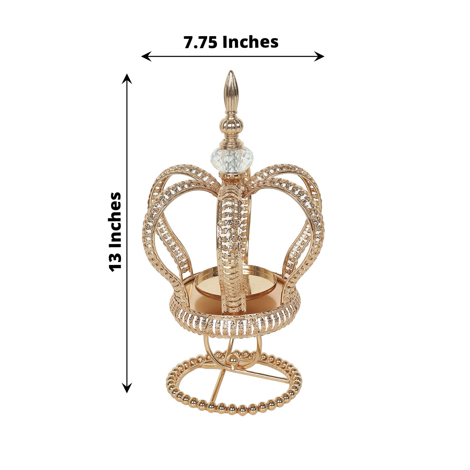 Gold metal crown candle holder with jeweled accents, 13 inches tall.