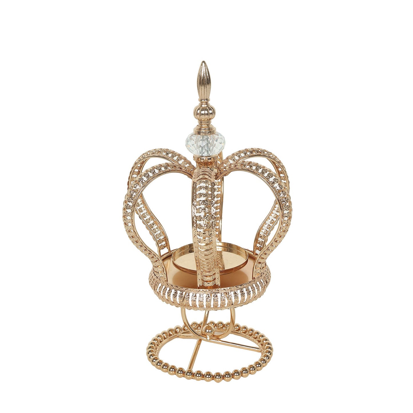 Gold crown spiral pillar candle holder with jeweled details.