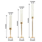 Tall gold metal candlestick holders with clear glass shades, 16", 20", and 24".