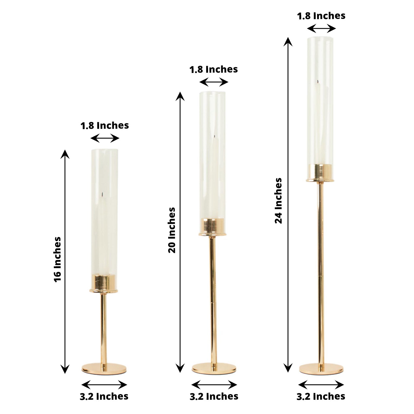 Tall gold metal candlestick holders with clear glass shades, 16", 20", and 24".