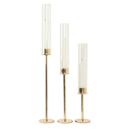 Tall gold metal candlestick holders with clear glass chimneys - set of 3.