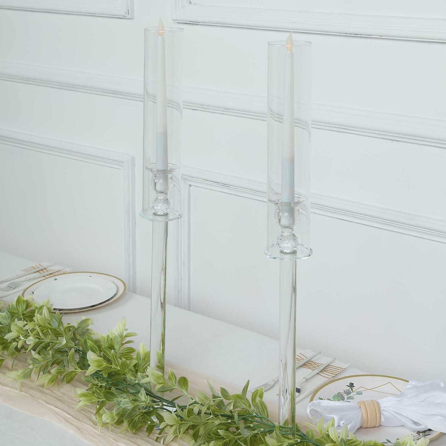 26 Inch Tall Clear Glass Candle Holders With Hurricane Taper And Cylinder Chimney