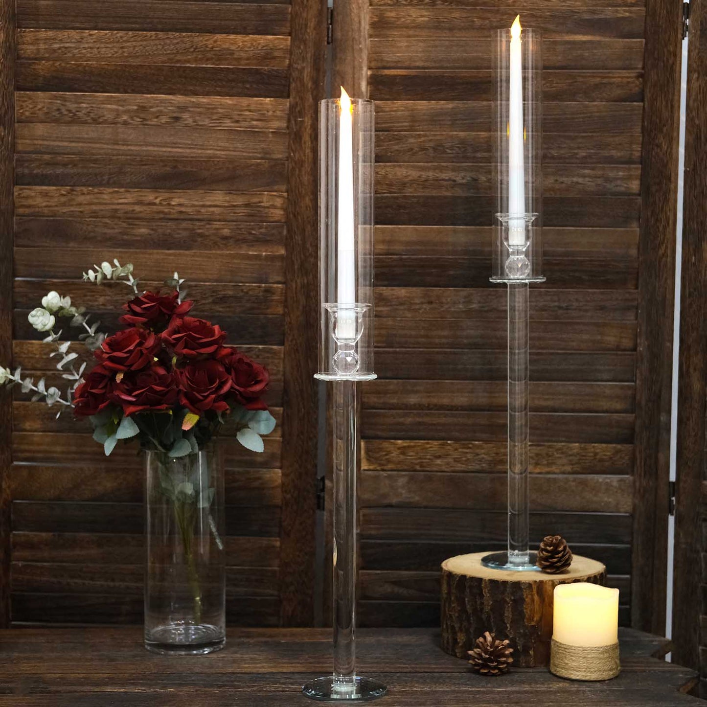 2 Pack | 26" Tall Clear Crystal Glass Hurricane Taper Candle Holders With Cylinder Chimney Tubes