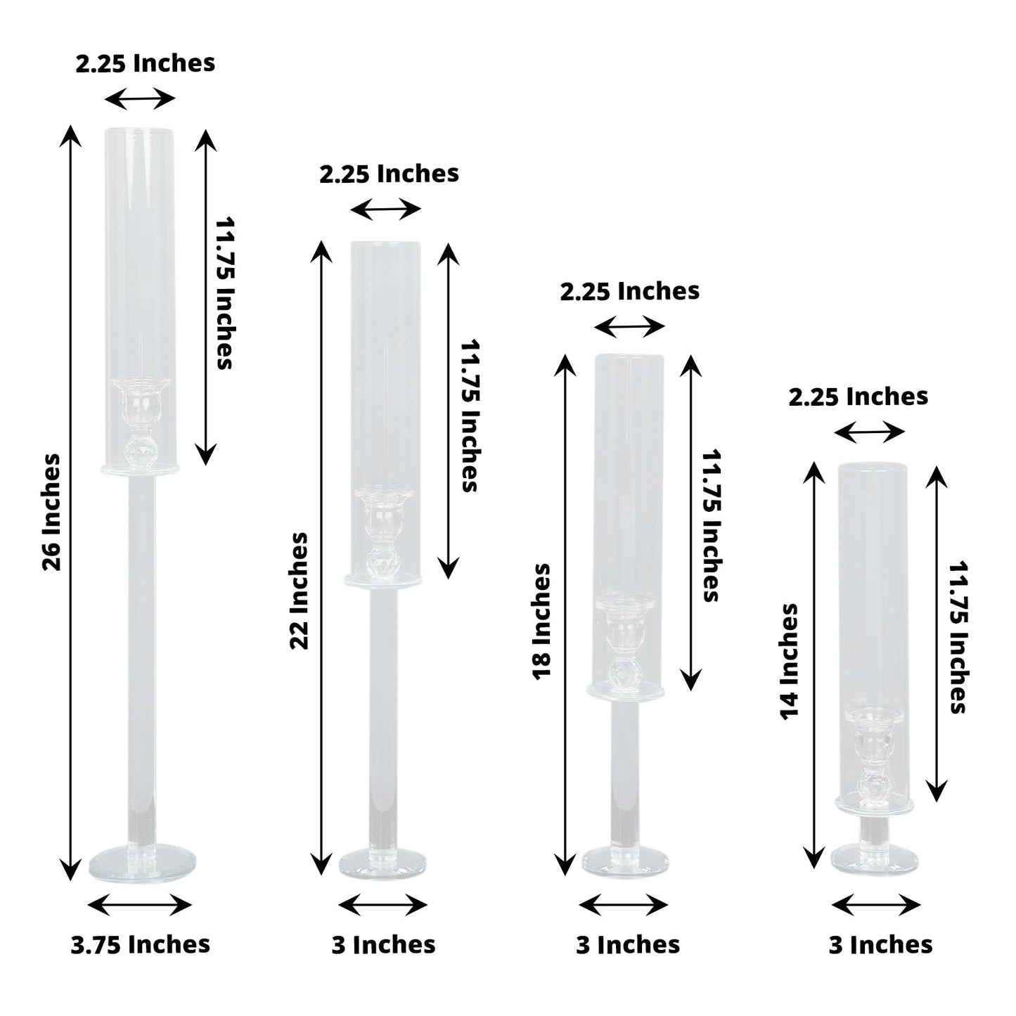 Clear Glass Candle Holders With Hurricane Taper And Cylinder Chimney In 4 Sizes
