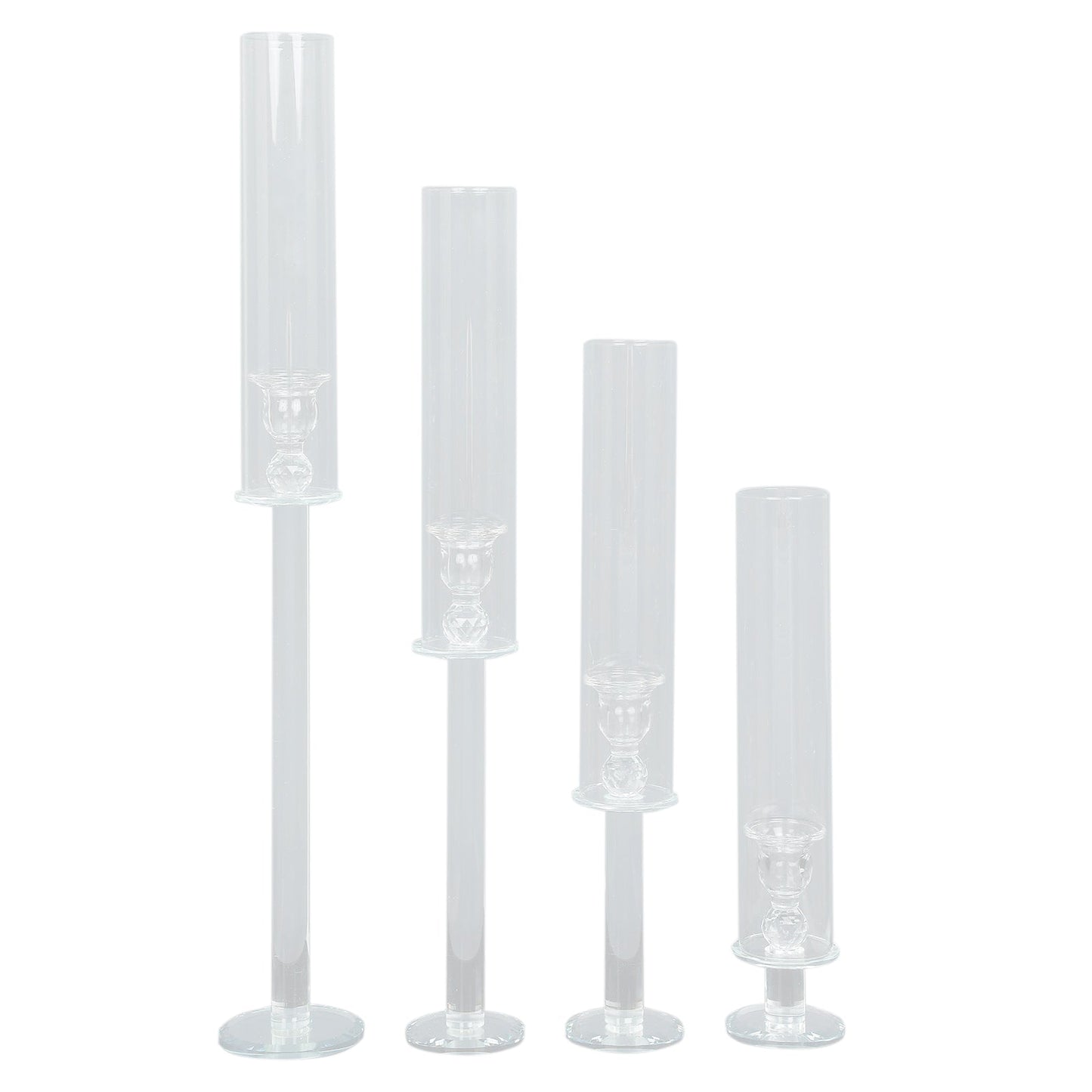 Set Of 4 Clear Glass Taper Candle Holders With Hurricane And Cylinder Chimney Tubes 14 18 22 26 Inches#whtbkgd