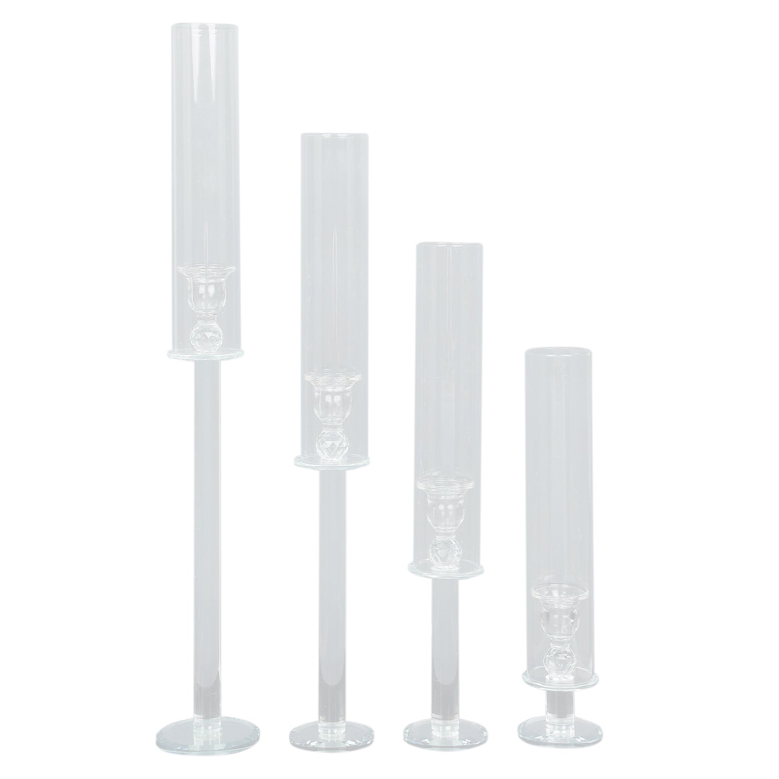 Set Of 4 Clear Glass Taper Candle Holders With Hurricane And Cylinder Chimney Tubes 14 18 22 26 Inches#whtbkgd