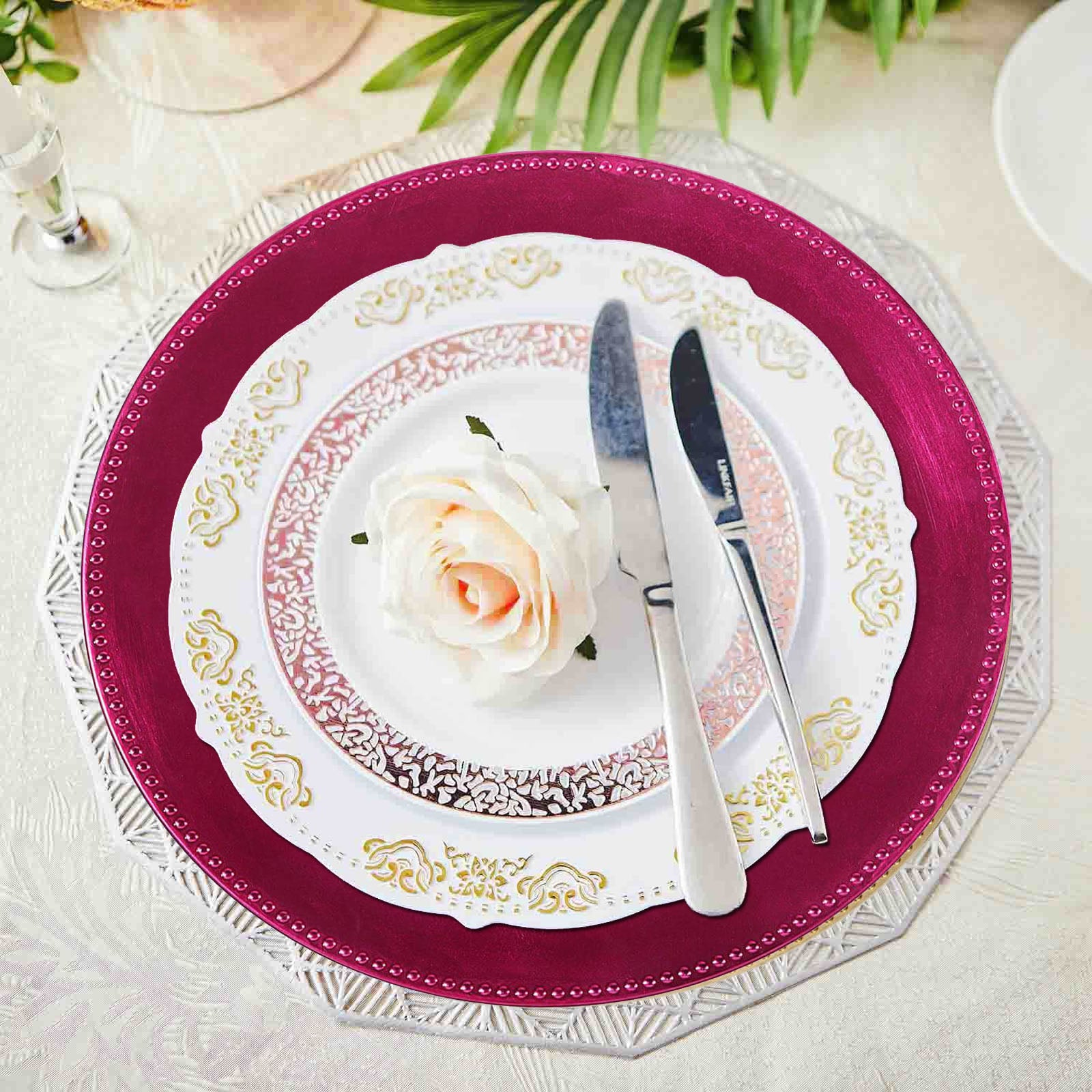 Hot Pink Beaded Round Acrylic Plastic Charger Plates 13 Inch in 6 Pack