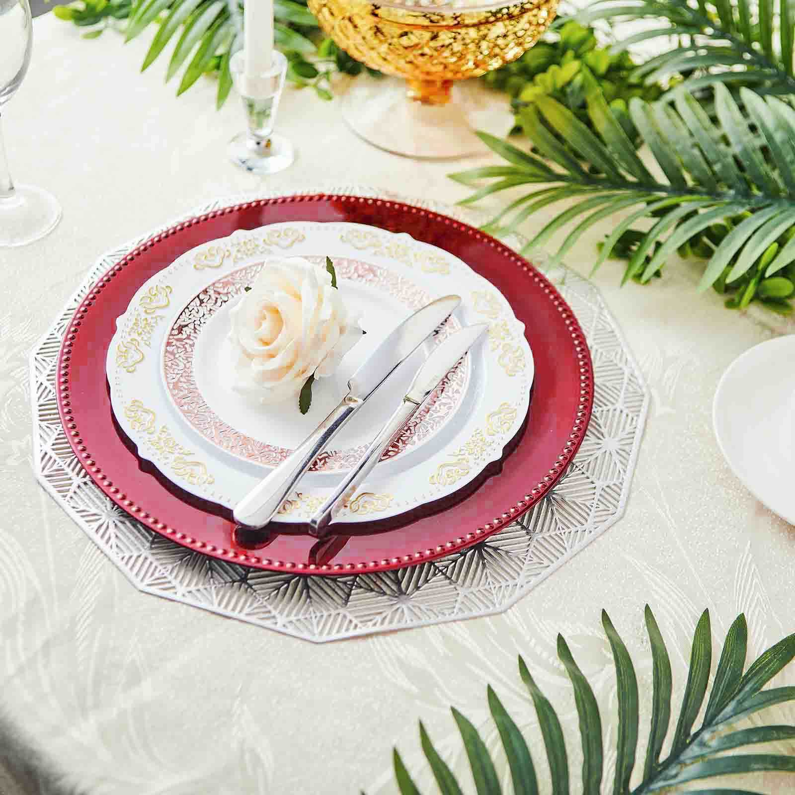 6 Pack of Beaded Burgundy Acrylic Plastic Round Charger Plates 13 Inch for Tabletop Event Decor