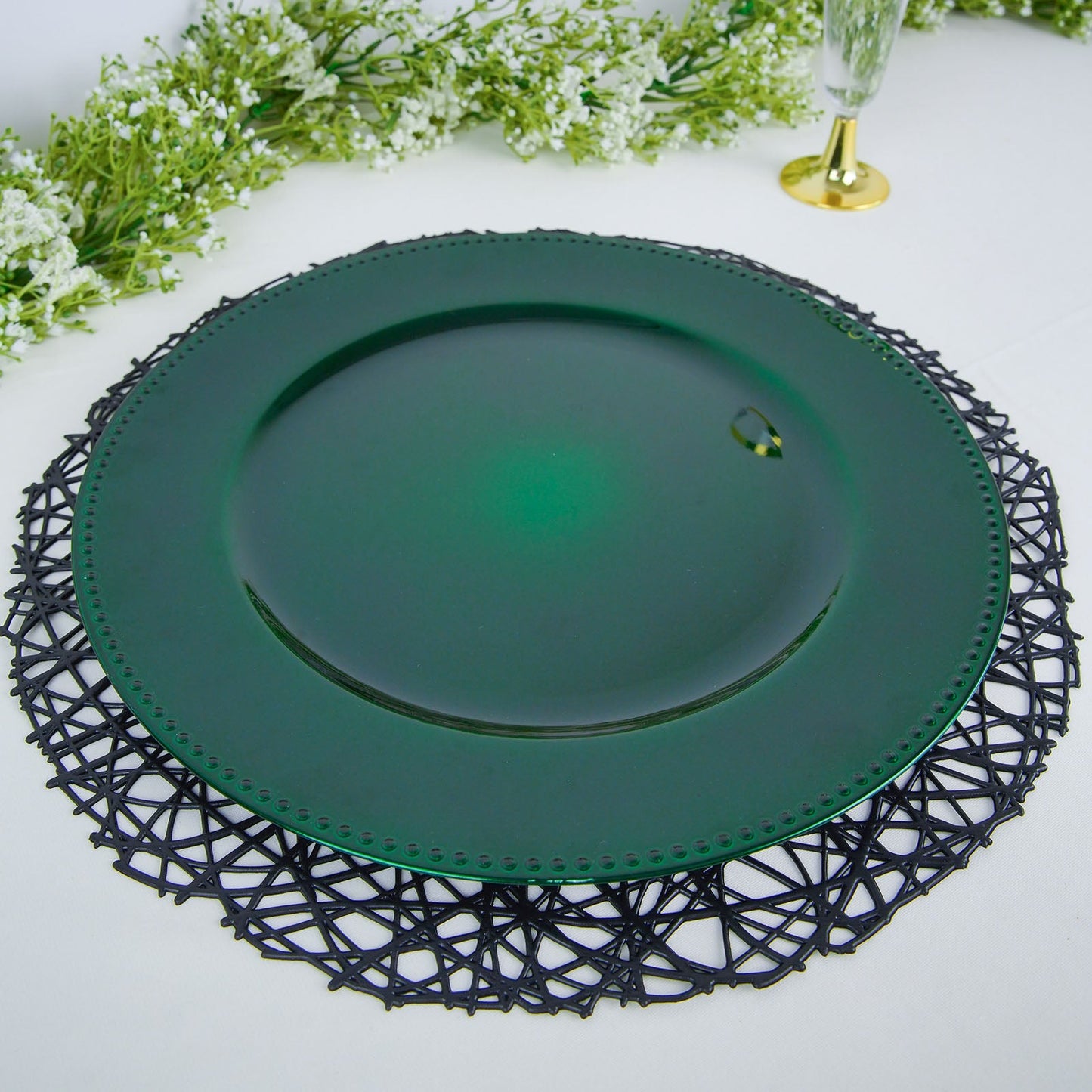 13 Inch Beaded Hunter Emerald Green Round Acrylic Plastic Charger Plate Pack of 6
