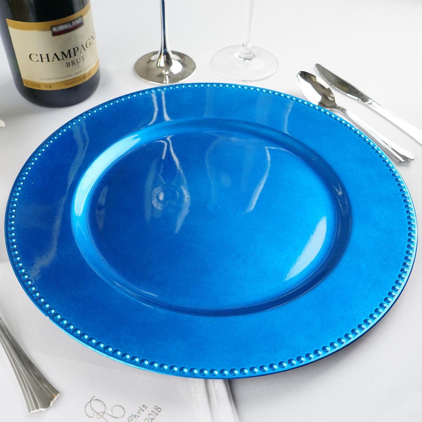 6 Pack 13" Beaded Royal Blue Acrylic Charger Plate, Plastic Round Dinner Charger Event Tabletop Decor