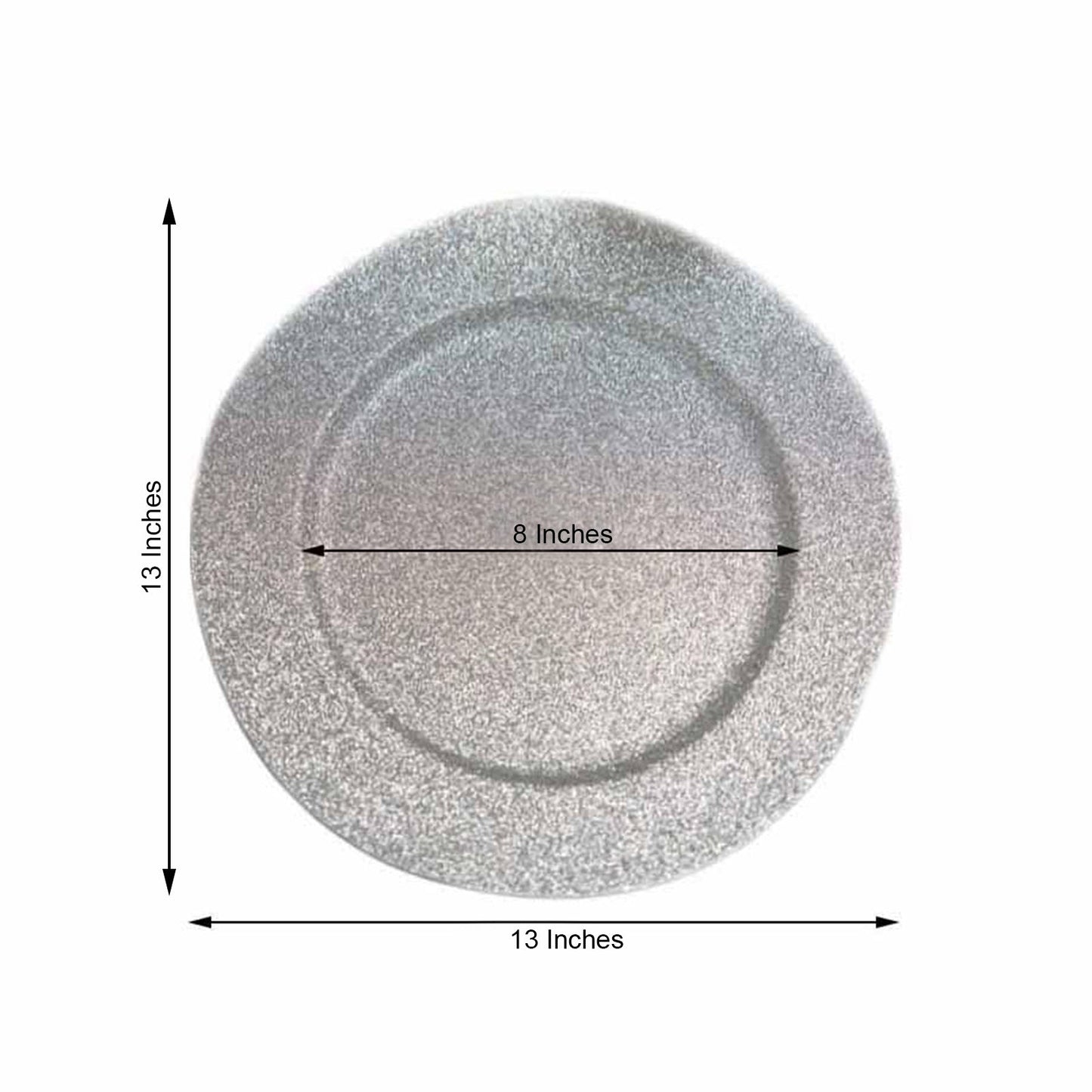 Silver glitter round charger plate, 13 inches in diameter.