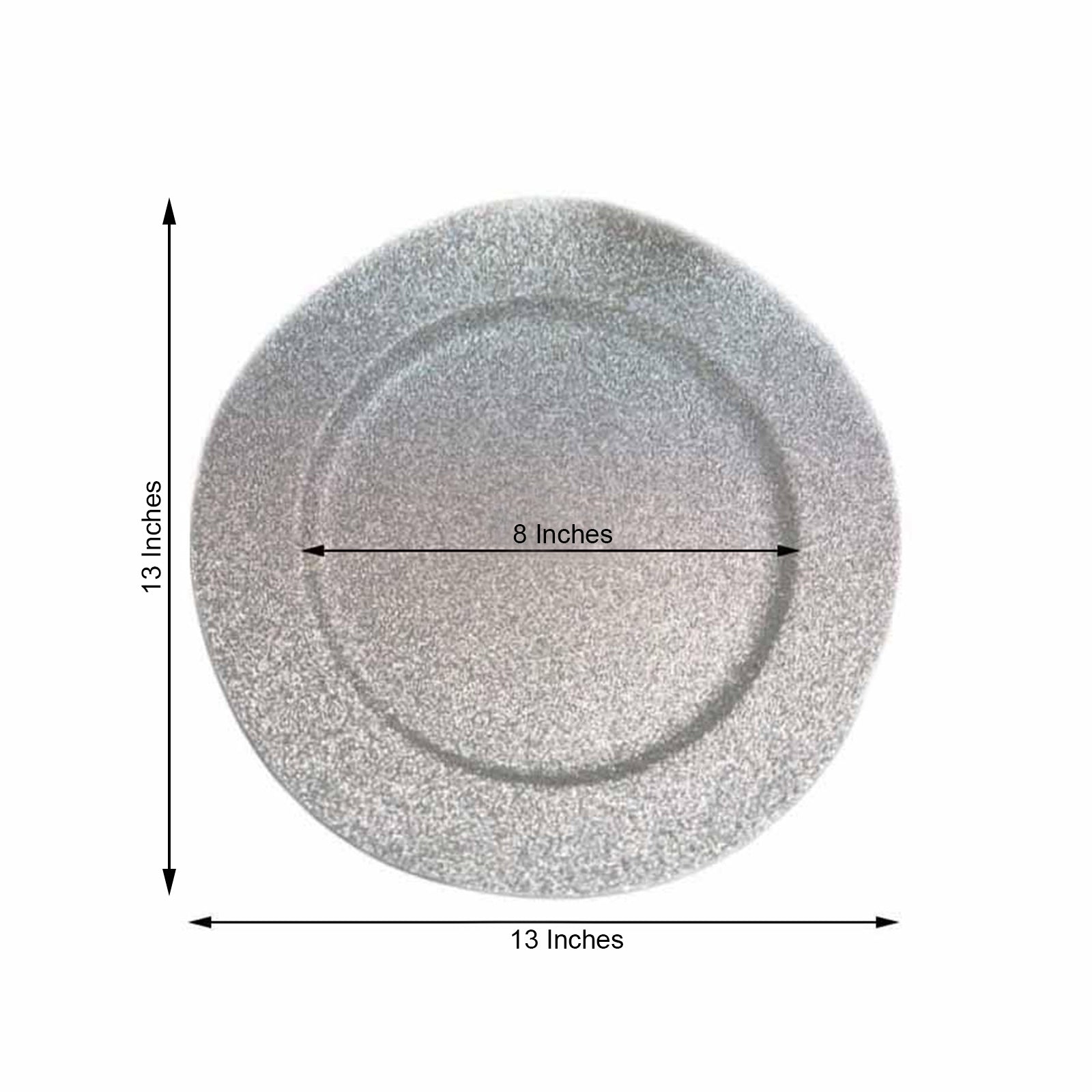 Silver glitter round charger plate, 13 inches in diameter.