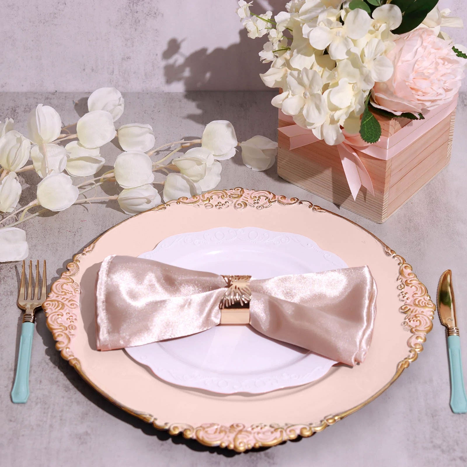 Blush Rose Gold Round 13 Inch Charger Plate With Embossed Baroque & Antique Rim