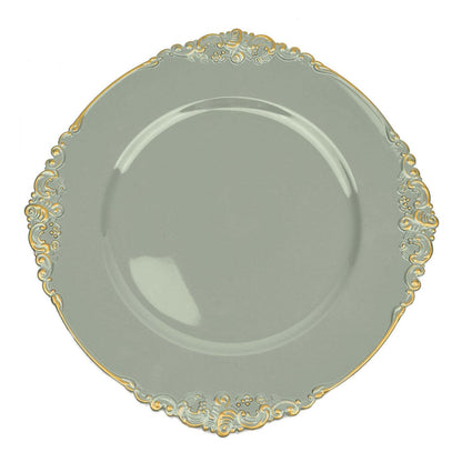 Charger Plates Embossed Antique Rim Design Dusty Sage Gold 6 Pack 13 Inch#whtbkgd