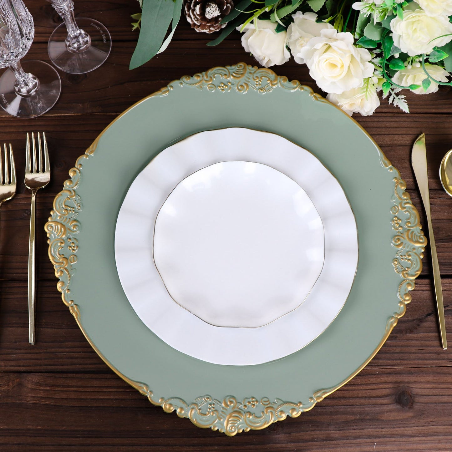 Antique Design Rim Charger Plates 6 Pack 13 Inch Dusty Sage Gold Embossed