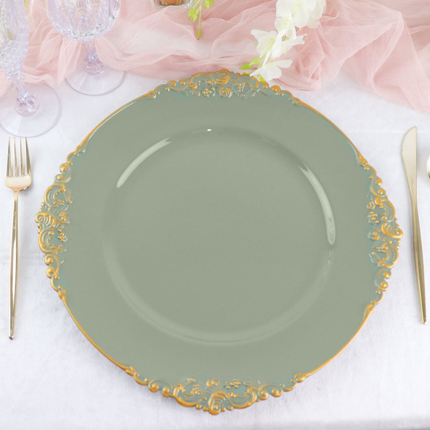 6 Pack | 13" Dusty Sage Green Gold Embossed Baroque Round Charger Plates With Antique Design Rim