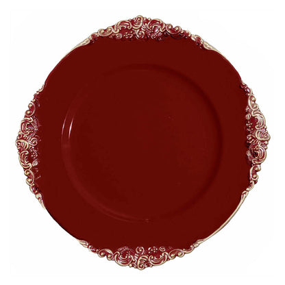 Embossed Baroque Design on Burgundy Gold Round Charger Plates 6 Pack 13 Inch Antique Rimmed#whtbkgd