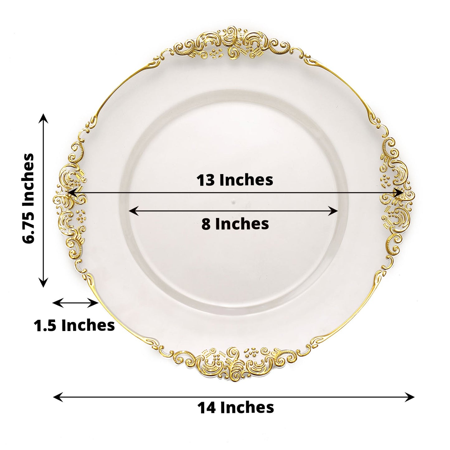 13 Inch Round Clear Charger Plates with Gold Embossed Baroque Rim Design 6 Pack